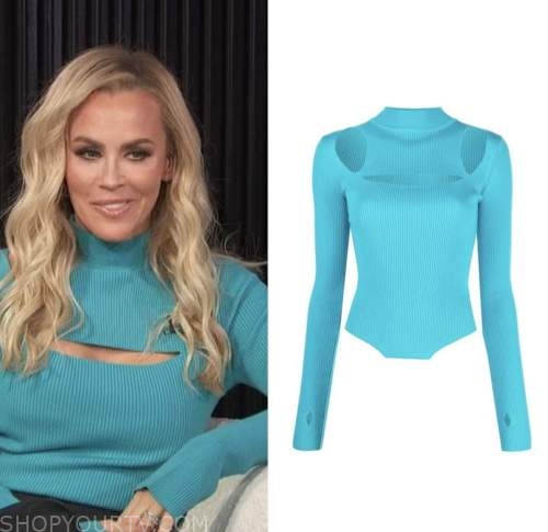 jenny mccarthy, E! news, blue ribbed knit cutout top