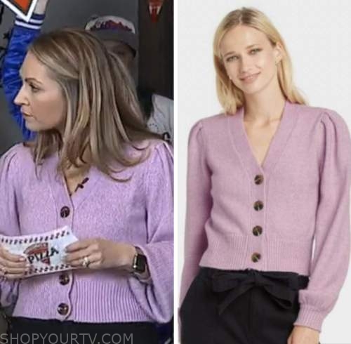 good morning america, lori bergamotto, purple cardigan sweater