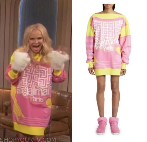kristin chenoweth, drew barrymore show, pink and yellow monogram sweater dress