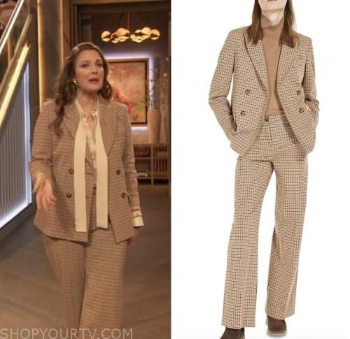drew barrymore, drew barrymore show, beige houndstooth check blazer and pant suit