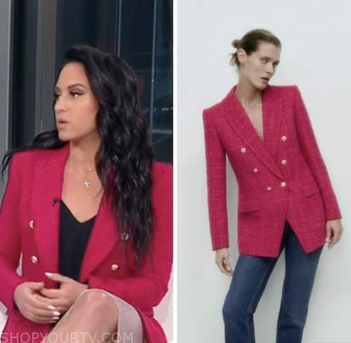 emily compagno, outnumbered, pink double breasted blazer