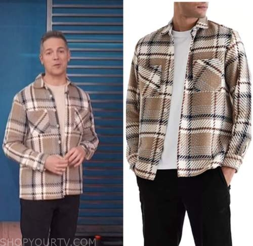 jason kennedy, access hollywood, beige plaid shirt jacket