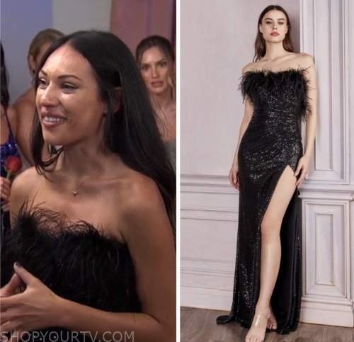 mercedes northup, the bachelor, black feather sequin strapless gown dress
