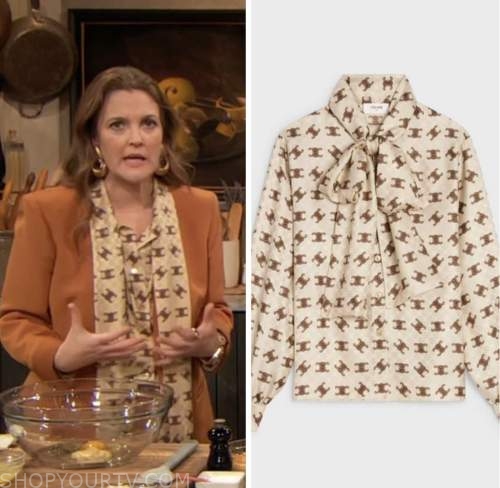 drew barrymore, drew barrymore show, ivory monogram tie neck blouse