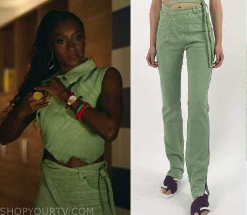 Harlem: Season 2 Episode 2 Green Denim Asymmetric Jeans | Shop Your TV