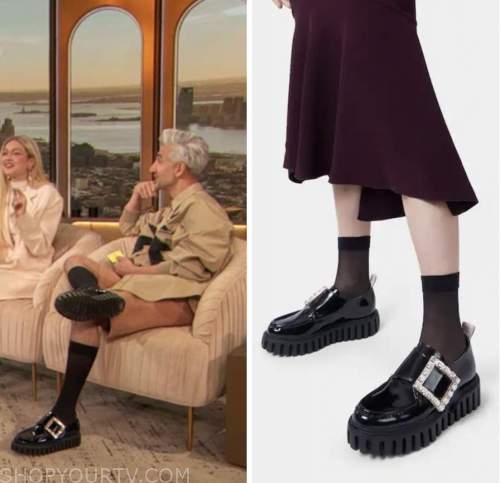 tan france, black buckle loafers, drew barrymore show