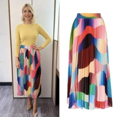 this morning, holly willoughby, multicolor pleated skirt