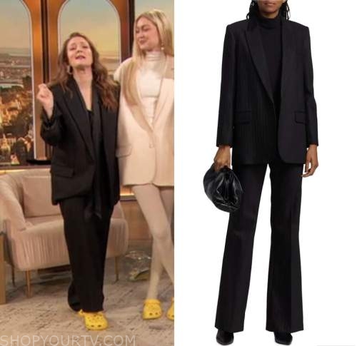 drew barrymore, drew barrymore show, black pinstripe blazer and pant suit