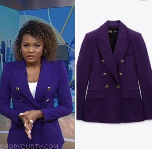 janai norman, good morning america, purple double breasted blazer