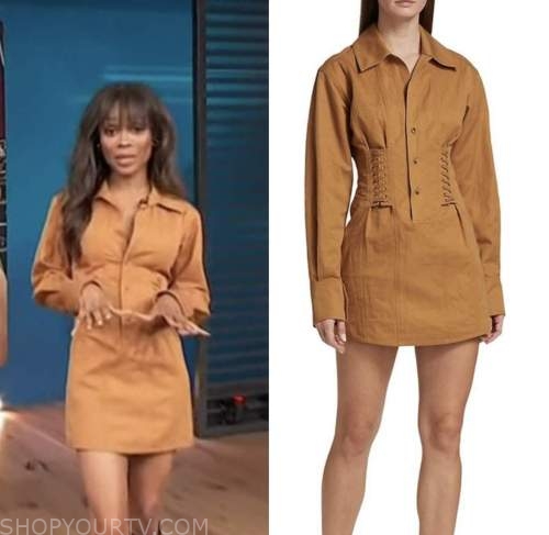 access hollywood, zuri hall, tan lace-up dress