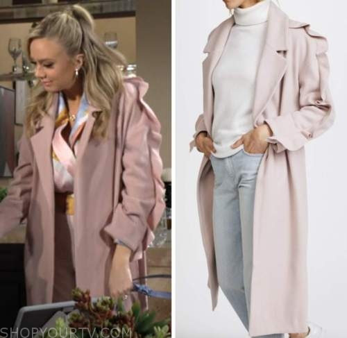 abby newman, melissa ordway, pink ruffle trim coat, the young and the restless