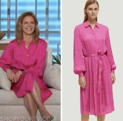 The Talk: March 2023 Natalie Morales's Pink Jacquard Silk Shirt Dress ...