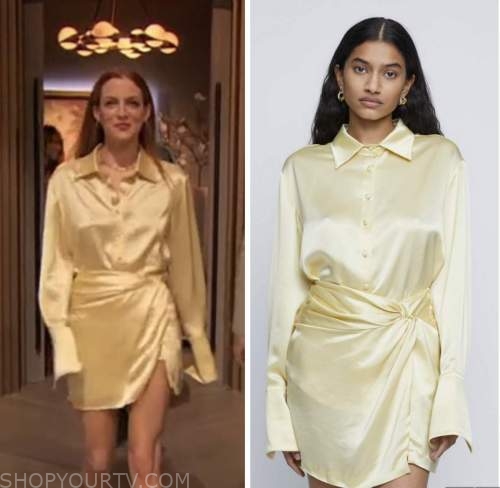 riley keough, yellow satin shirt and skirt dress, drew barrymore show