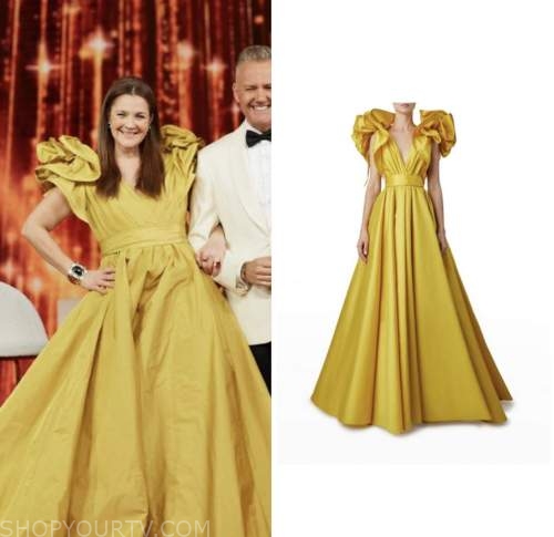 drew barrymore show, drew barrymore, yellow taffeta ruffle gown dress