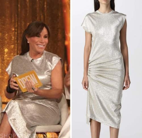 melissa rivers, drew barrymore show, silver metallic ruched dress