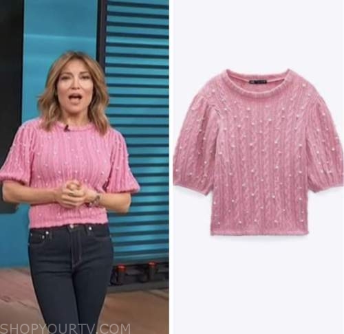 kit hoover, pink cable knit pearl sweater top, access hollywood