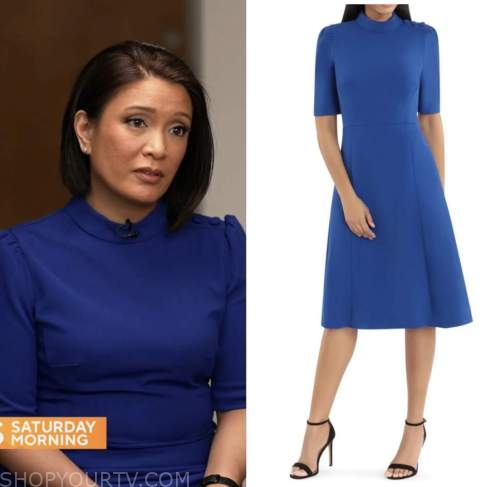 elaine quijano, cbs mornings, blue mock neck dress