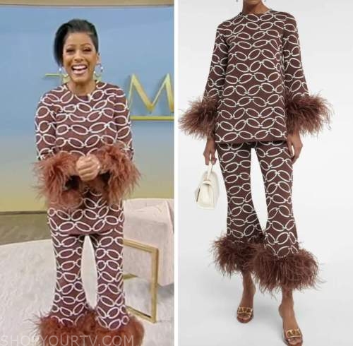 tamron hall show, tamron hall, brown chain print feather trim top and pants