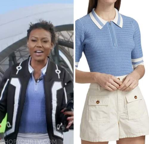 good morning america, janai norman, blue polo shirt