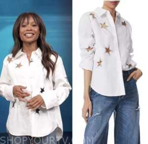 access hollywood, white star cutout shirt, zuri hall