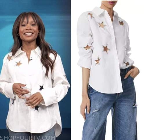 access hollywood, white star cutout shirt, zuri hall