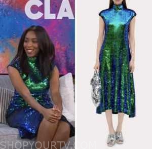 jessica williams, the kelly clarkson show, blue and green sequin midi dress