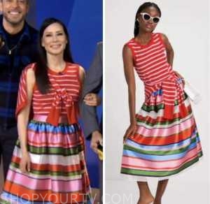 good morning america, lucy liu, red and pink striped sweater set, striped skirt