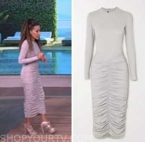 the view, sunny hostin, grey ruched midi dress