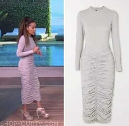 the view, sunny hostin, grey ruched midi dress