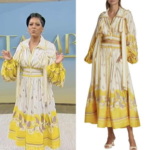 tamron hall, tamron hall show, yellow printed jacket and skirt