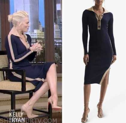 Hannah Waddingham, live with kelly and ryan, navy blue and beige polo dress