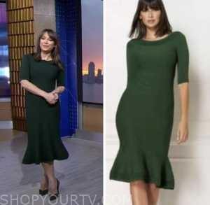 good morning america, ginger zee, green knit midi dress