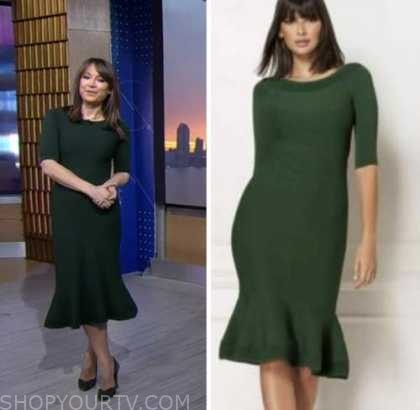 good morning america, ginger zee, green knit midi dress