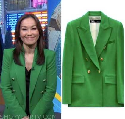 good morning america, eva pilgrim, green double breasted blazer