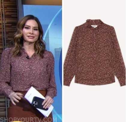 rebecca jarvis, good morning america, red printed blouse