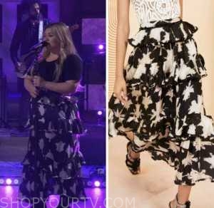 the kelly clarkson show, kelly clarkson, black and white printed tiered skirt