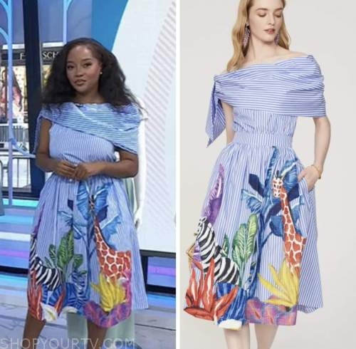 the today show, Makho Ndlovu, blue striped off the shoulder dress