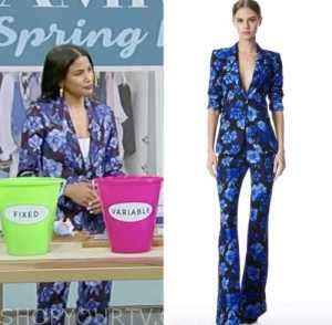 tamron hall show, seema sheth, blue floral balzer and pant suit