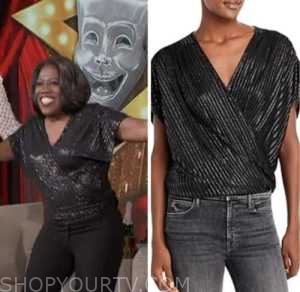 the talk, black metallic stripe wrap top, sheryl underwood