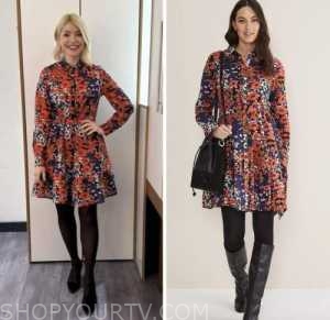 this morning, holly willoughby, red floral shirt dress