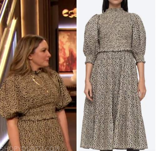 drew barrymore show, eve rodsky, tan floral puff sleeve dress
