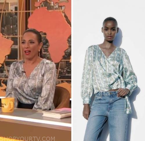 drew barrymore show, michelle miller, chain print wrap top