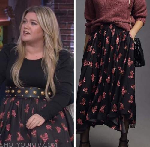 the kelly clarkson show, kelly clarkson, black and red floral skirt