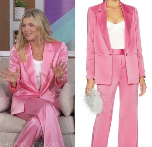 amanda kloots, the talk, pink satin blazer and pin satin pant suit
