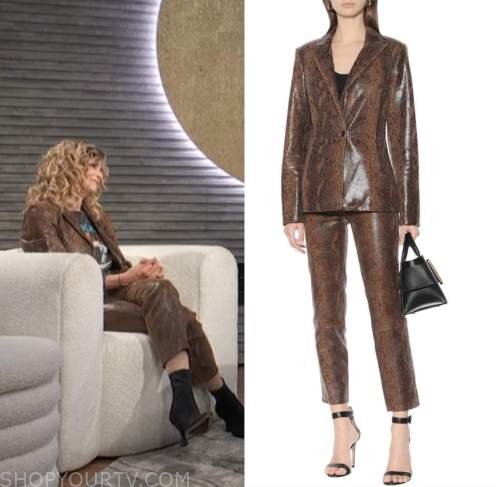 Kyra Sedgwick, E! news, brown snake effect leather blazer and pant suit
