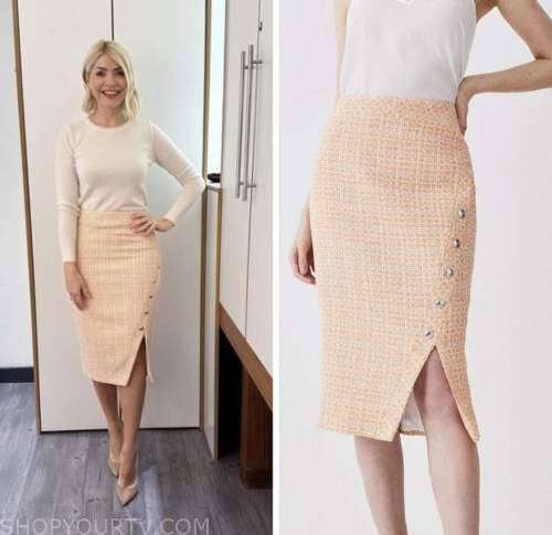 this morning, holly willoughby, orange tweed pencil skirt