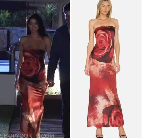 ariel frenkel, the bachelor, red rose print strapless maxi dress