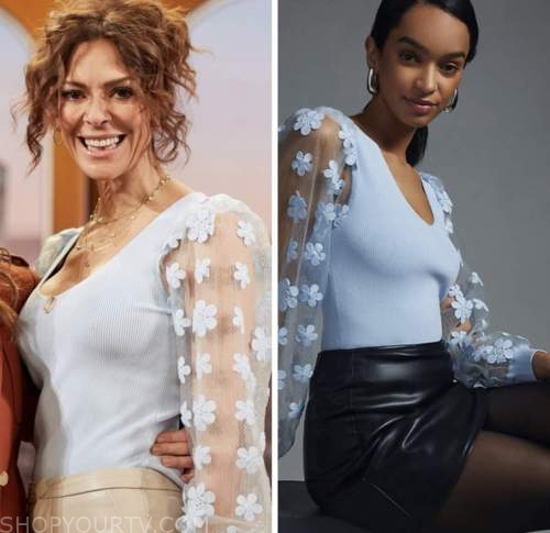tracy mcmillan, drew barrymore show, blue sheer sleeve floral sweater