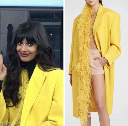 the today show, yellow feather trim coat, Jameela Jamil