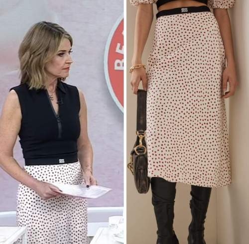 the today show, savannah guthrie, heart print silk skirt